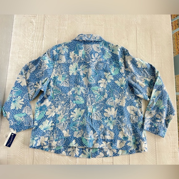 100% Linen Women’s Charter Club Blue, Aqua & White Floral Jacket size 2XL NWT - Picture 2 of 9
